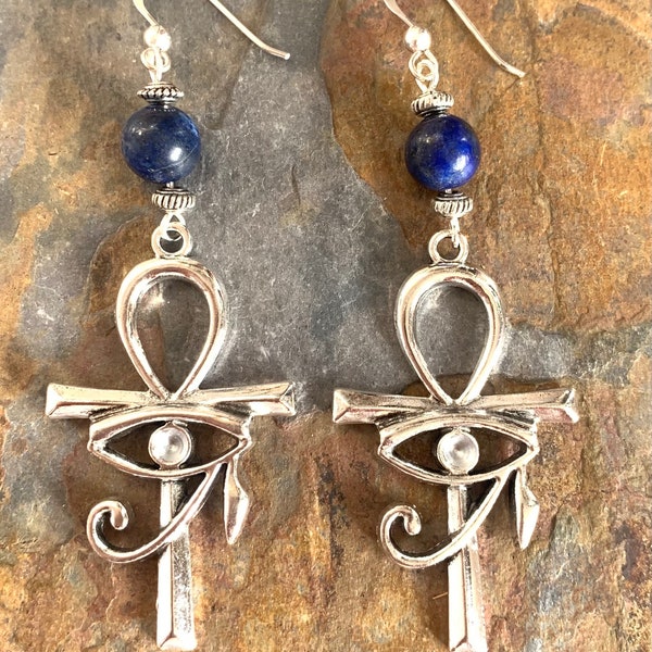 Large Ankh earrings | Evil eye protector | Lapis lazuli