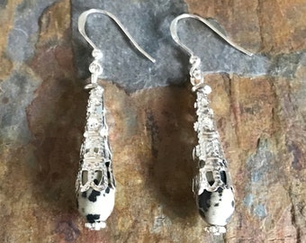 Gemstone drop earrings | Silver or gold filigree cones | Lapis Lazuli or Dalmatian Jasper | Gift for her
