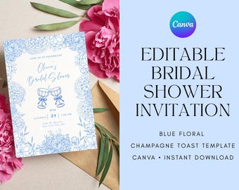 Modèle d'invitation de douche nuptiale modifiable | Invitation florale bleue sur toile en verre de champagne | Téléchargement numérique imprimable pour les mariées