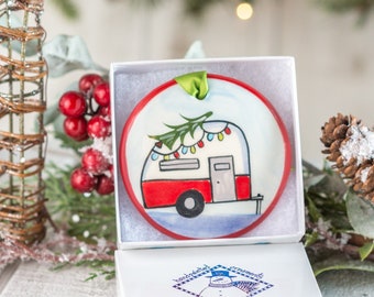 The Nola Watkins Collection™ Christmas Camper Ornament | Personalized Handpainted Camping Ornament with Gift Box | Hiking Ornament