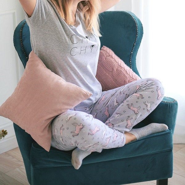 Unicorn print PJ bottoms | Funny pink and grey family pajamas | Whimsical Valentine's day gift