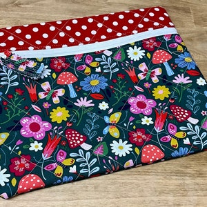 Quilted Cross Stitch  Project Bag 13&quot; x 11&quot; Bright Mushrooms.