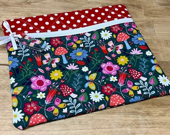 Quilted Cross Stitch  Project Bag 13" x 11" Bright Mushrooms.