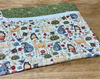 Quilted Cross Stitch Project Bag 13" x 11" Hedgehogs Owls Turtles