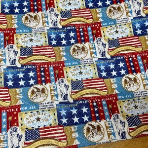 Pu&ograve; includere: Un tessuto patriottico con motivi ripetuti della bandiera americana, della Statua della Libert&agrave; e delle frasi "America Stands United" e "Liberty and Justice for All". Il design utilizza i colori rosso, bianco e blu.