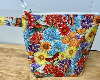 Quilted Knitting or Crochet Flat Bottom Project Bag Backyard Flower Garden