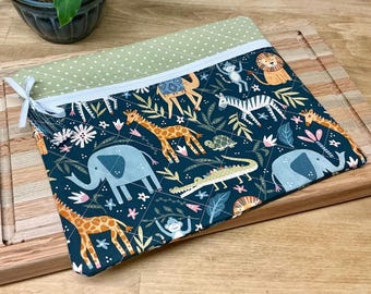 Quilted Cross Stitch Project Bag 13" x 11" Elephants Tigers Monkeys