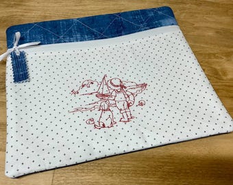 Quilted Cross Stitch  Project Bag 13" x 11" Custom Red Work Embroidery Young Boy