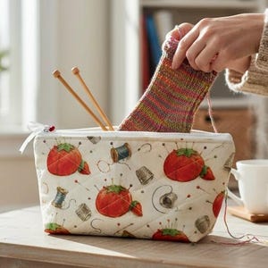 May include: A quilted fabric pouch featuring a repeating print of red tomato pincushions, silver thimbles, and thread spools. Two wooden knitting needles protrude from the top, and a partially knitted multicolored sock is visible inside the bag.