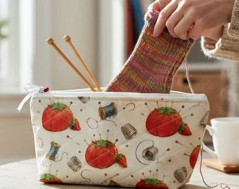 Quilted Custom Printed Red Tomato Pin Cushion - Notions Bag Knitting Socks