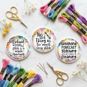 Cross Stitch Funny Sayings Car Coasters Set of 3 | Stitcher Gift | Ceramic Coaster