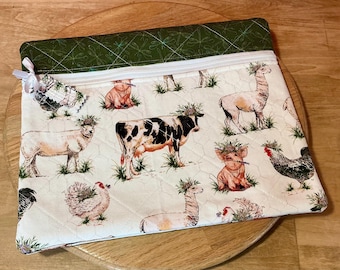 Handmade Quilted Cross Stitch Bag for Knitting and Crochet - Farm Animals