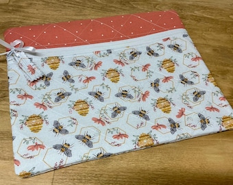 Quilted Project Bag for Knitting, Cross Stitch with Bumble Bees & Honeycomb Hives Design