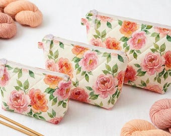 Quilted Project Bag | Pink Floral Knitting - Cross Stitch | Zipper Pouch for Crafts | 3 Sizes