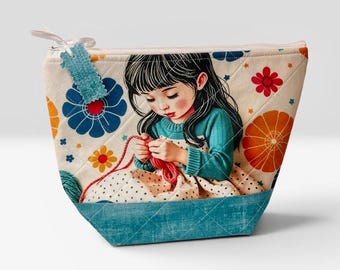 Bolso acolchado de tela estampada personalizada para tejer, hacer ganchillo o punto de cruz. Se puede personalizar a pedido. Estampado de tejido para niña.