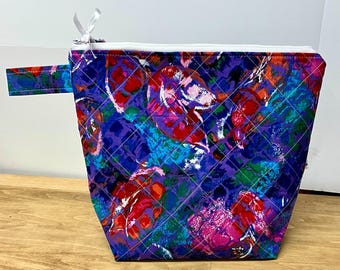 Quilted Floral Project Bag: Knitting Crochet Flat Bottom Cotton Tote
