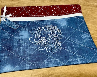 Quilted Project Bag for Knitting & Crochet, Sewing, Cross Stitch Storage Pouch Embroidered Spools