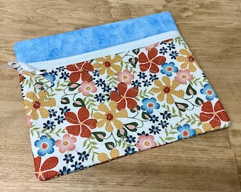 Quilted Cross Stitch Project Bag 13" x 11" Blue With Flowers
