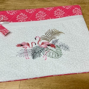 Quilted Embroidered Flamingo Bag for Cross Stitch, Knitting & Crochet – Featuring Pink Flamingos