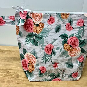 Quilted Knitting or Crochet Flat Bottom Project Bag Wild Roses