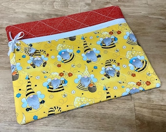 Quilted Project Bag: Cross Stitch, Knitting, Busy Bee Gnomes (13" x 11")