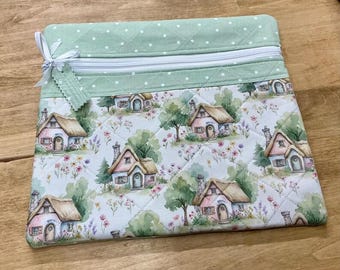 Quilted Cross Stitch Project Bag | Fairy Tale Village Knitting Crochet | Zipper Pouch | Craft Tote