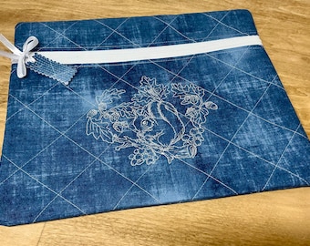 Quilted Bag: Redwork Embroidery, Squirrel Design - 13x11 Cotton Tote