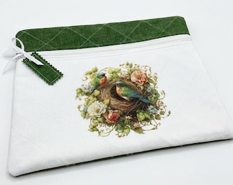 Birds Nest Floral Wreath Quilted Project Bag | Watercolor Songbirds, Roses, Knitting Supplies