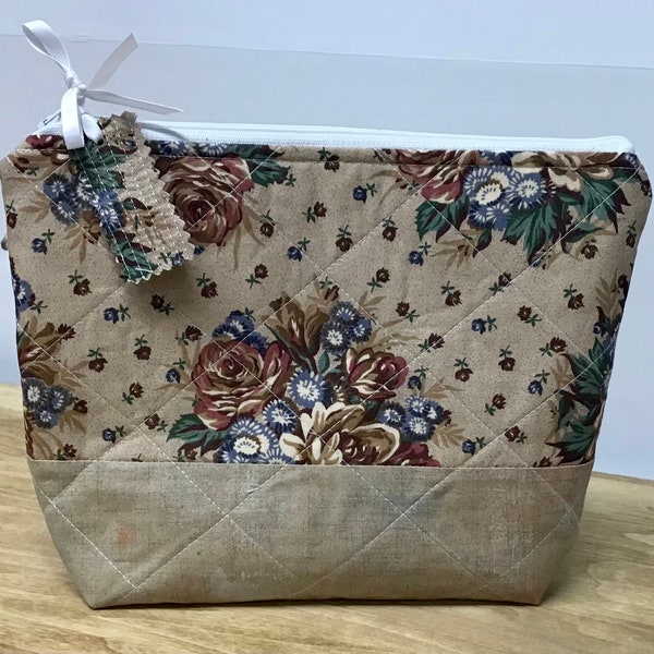 Quilted Knitting Project Bag Small For Socks or Crochet Notions Pouch Flat Bottom Brown Roses