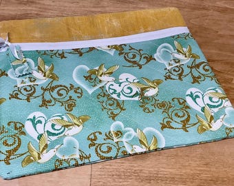 Quilted Cross Stitch  Project Bag 13" x 11" Birds Green & Gold