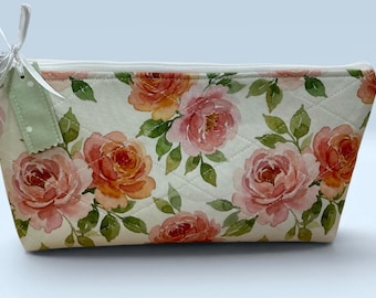 Quilted Custom Printed Fabric Needles - Notions Bag Roses Pink n Orange