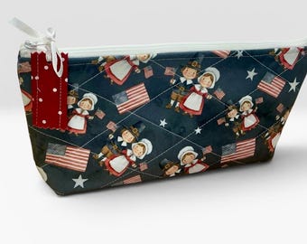 Quilted Custom Printed Patriotic Pilgrims - Notions Bag Knitting Socks