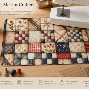 May include: A rectangular craft mat featuring a patchwork design of floral, plaid, and checkered patterns in shades of red, blue, cream, and brown. The mat is displayed with a white sewing machine, thread spools, scissors, and a rotary cutter.