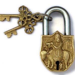 Unusual Vintage style Padlock Flute playing Krishna Padlock with Om Home decor Brass Padlock Handmade padlock