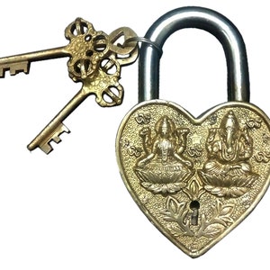 Auspicious Hindu Deities Lakshmi Ganesha design Padlock with Antique Vintage finish Big Brass Lock from India