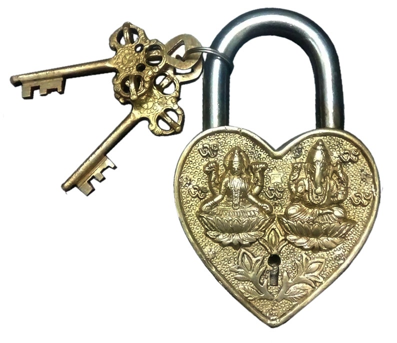 Auspicious Hindu Deities Lakshmi Ganesha Design Padlock With Antique