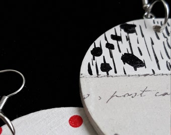Earrings Red points Silver& Wood of minimalistic moving story 2in1