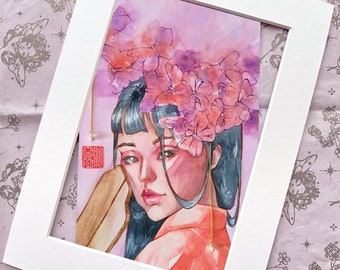 Chinese Violet Small Print - Traditional Asian Watercolor Wall Decor - Woman Portrait Painting - Fine Art Gift - High Fantasy Home Decor