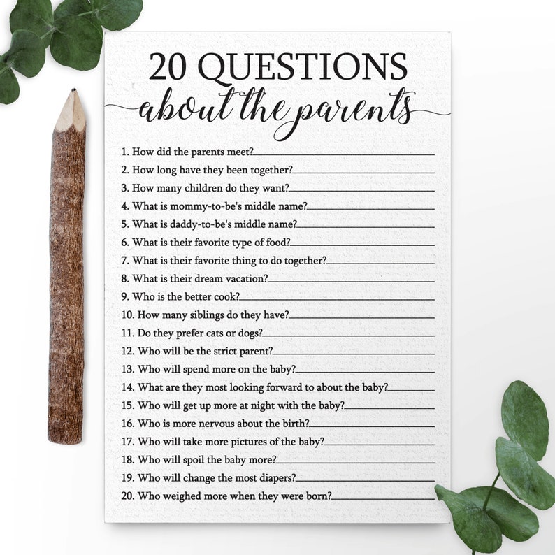 20 Questions About the Parents Baby Shower Game . 20 Questions Etsy