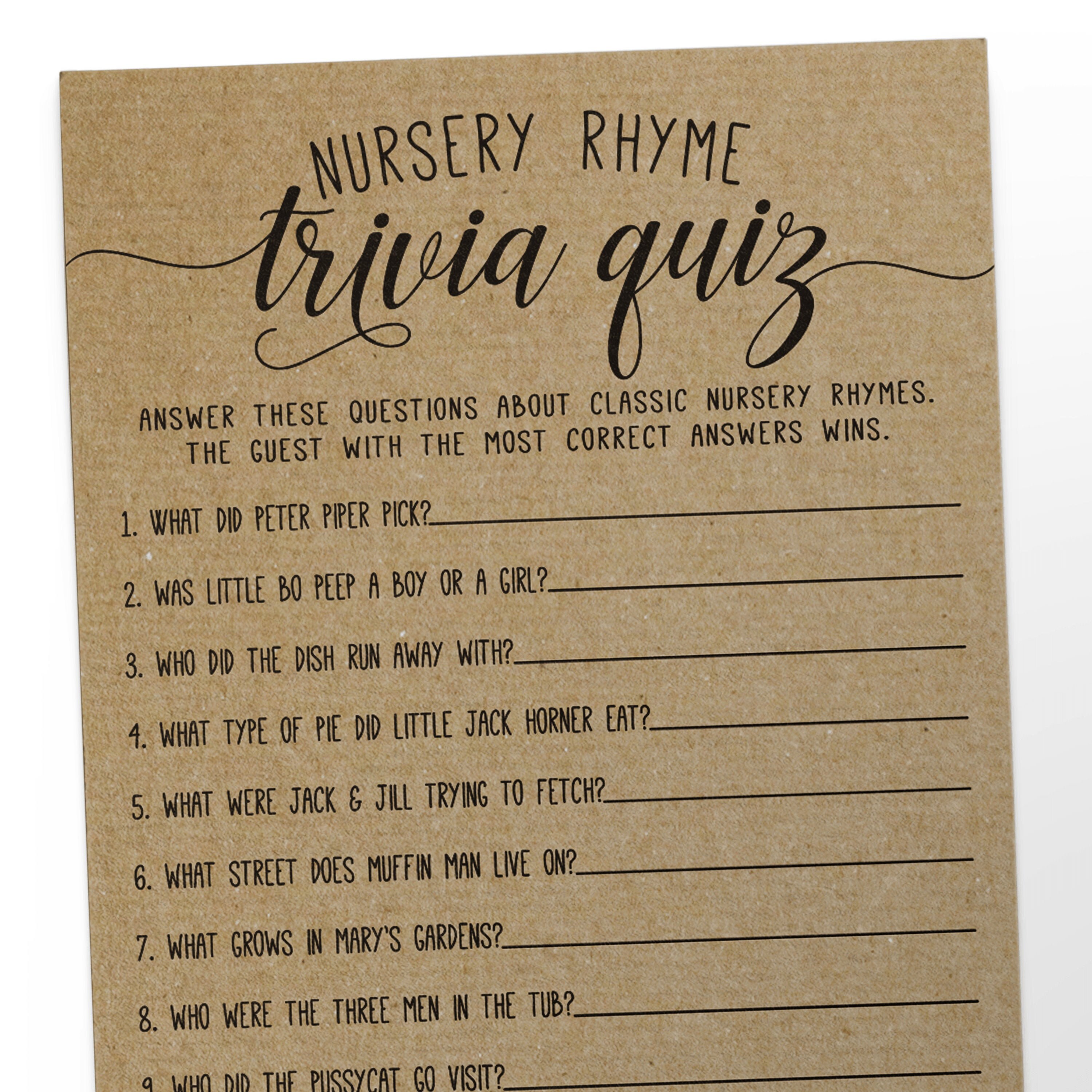 Nursery Rhyme Quiz Baby Shower Game Kraft Paper Rustic Baby Etsy Canada