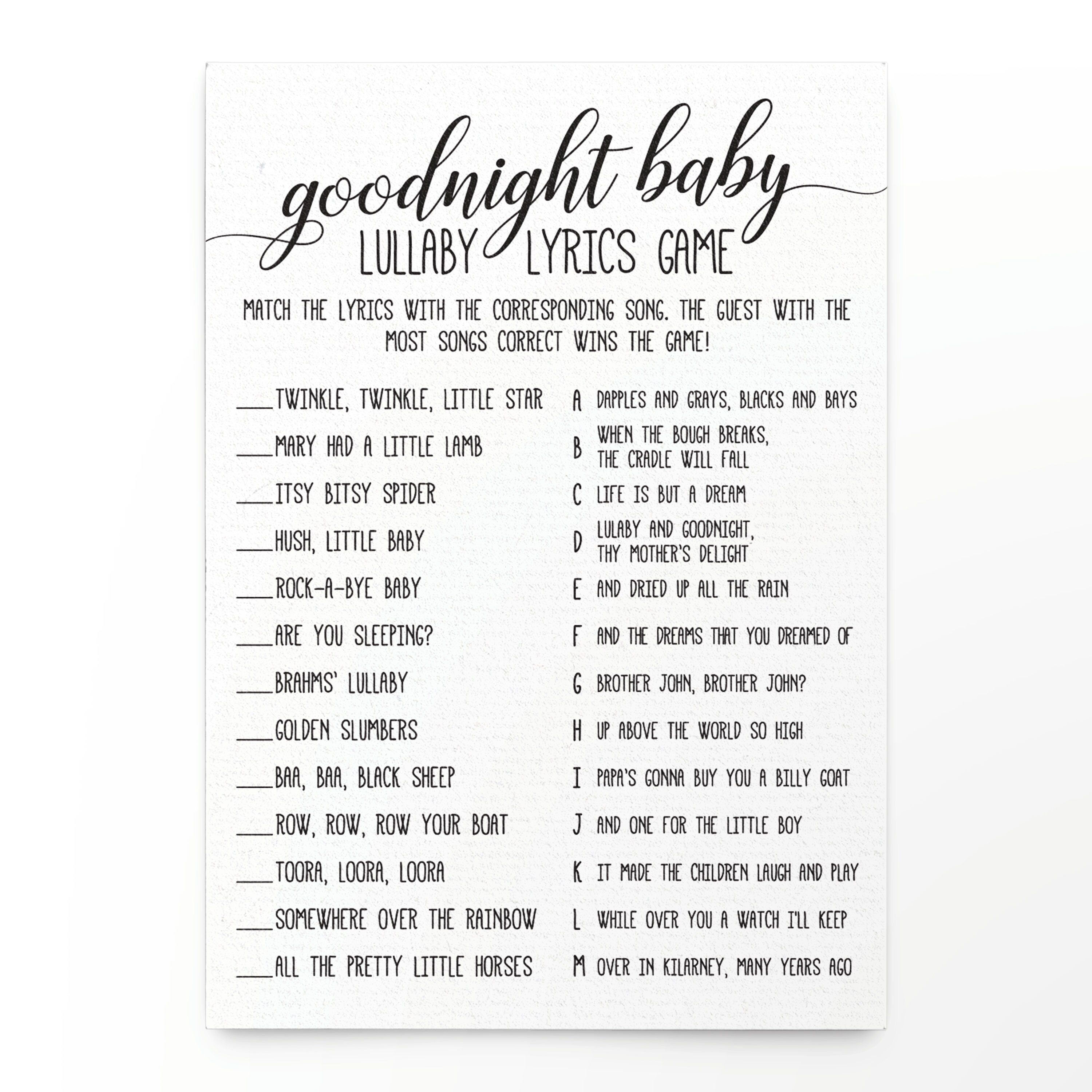 Music Match Printable Baby Shower Game Lyric Song Digital 