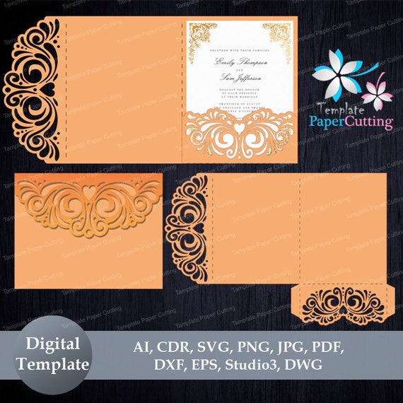 Tri Fold Wedding Invitation Pocket Envelope Svg Template Etsy