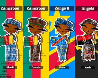 Sticker | Cameroon, Congo Kinshasa & Angola - Illustration of traditional outfits | Shimee by Maison Wanderlust | Journal, Notebook, Bujo