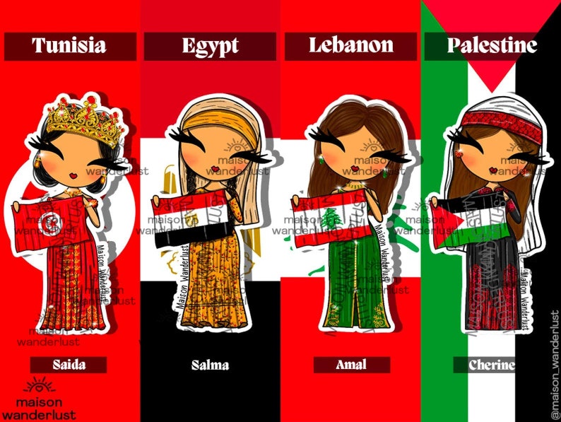 Sticker Tunisia, Egypt, Lebanon & Palestine Illustration of traditional outfits Shimee by Maison Wanderlust image 1