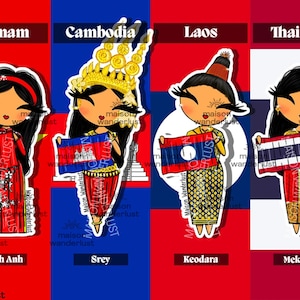 Sticker | Vietnam, Cambodge, Laos & Thailande  - Illustration des tenues traditionnelles | Shimee par Maison Wanderlust