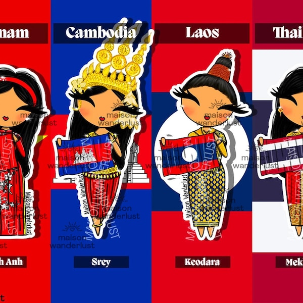 Sticker | Vietnam, Cambodia, Laos & Thailand - Illustration of traditional outfits | Shimee by Maison Wanderlust