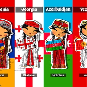 Sticker | Arménie, Géorgie, Yezidi & Azerbaidjan - Illustration des tenues traditionnelles | Shimee par Maison Wanderlust