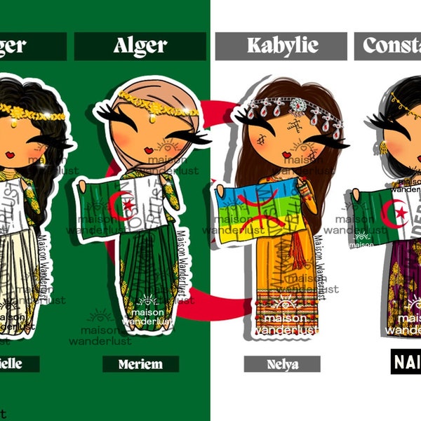 Sticker | Algeria Algiers, Kabylia & Constantine - Illustration of traditional outfits | Shimee by Maison Wanderlust | Notebook, Water bottle...