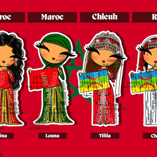 Sticker | Maroc : Caftan, Rif & Chleuh- Illustration des tenues traditionnelles | Shimee par Maison Wanderlust | Journal, Cahier, Gourde...