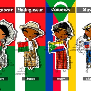 Sticker | Madagascar, Comores & Mayotte  - Illustration des tenues traditionnelles | Shimee par Maison Wanderlust